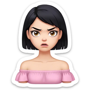 Chica de pelo negro y piel clara y linda con una camisa rosa pastel cruzada de hombros enojada sticker