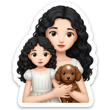A beautiful girl with long black hair in a white dress holds a small brown curly-haired dog sticker