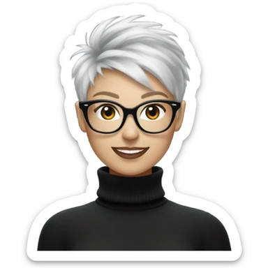Smiling White woman with short very messed punk silver pixie white hair xmas  big black glasses rayban and black high polo neck sweater sticker