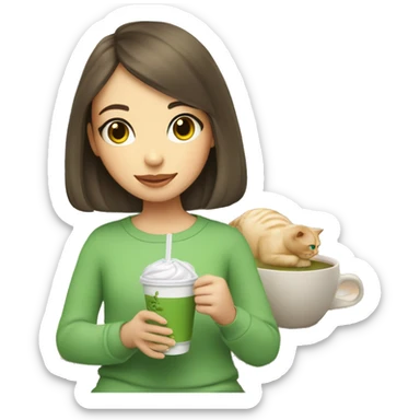 Cute girl holding a cat and cup of iced matcha  sticker