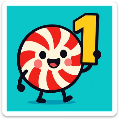 adorable peppermint with a smiling face holding a number one, vibrant toon style sticker