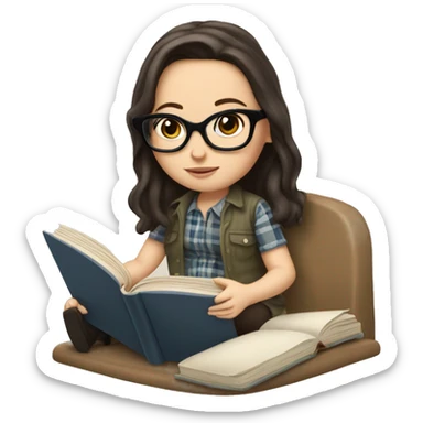 a white girl with glasses and dark hair is sitting in a cot with a plaid and reading a book sticker