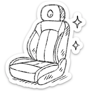 hand-drawn outlined icon of a luxury car seat in matte black with a small droplet or shield on the headrest, elegant stitching, minimalist lines, extra shine and sparkles, clean and modern sticker