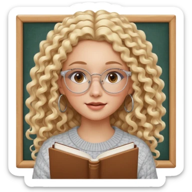 cute white woman with VERY LONG blonde curly hair, brown eyes, full lips, natural clean girl makeup and hoop earrings and square glasses, studying sticker