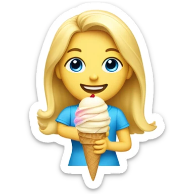 Girl with mid length blonde hair, blue eyes, yellow shirt, holding vanilla ice cream cone sticker