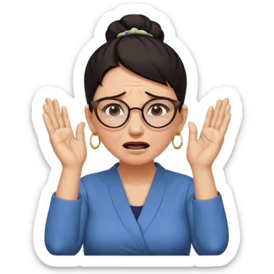  middle aged woman with dark hair pulled up in a high bun, wearing round ring earrings and glasses, expression extreme pain on her face, covering her ears with her hands very painful expression on her face, eyes squeezed shut, wincing in pain covering her ears with her hands sticker