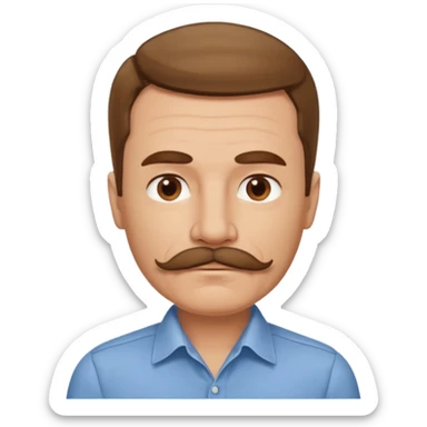 man with mustache, brown hair, 50 years old, shirt, high temple sticker