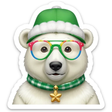 head and shoulders of a friendly anthropomorphised polar bear wearing oversized colorful star glasses, green hat, shamrock accessories, festive shirt sticker