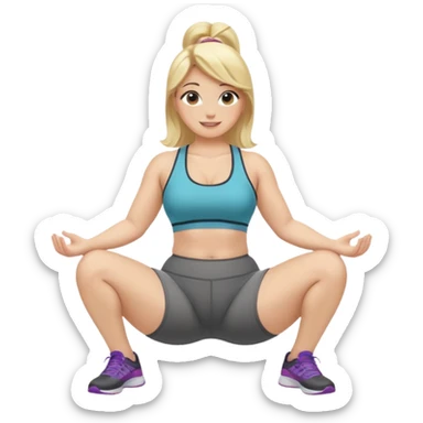fullbody curvy blonde fitness trainer, back view, sitting on her feet, SFW, athletic, smiling, no explicit content sticker
