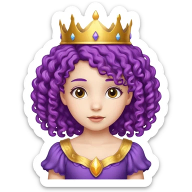 Princesses kid girl, with Gold Crown on purple curly hair, with white dress sticker