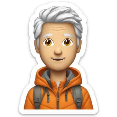 young gray-haired white man with an orange down jacket sticker