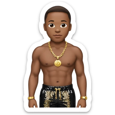Dr Dre with dark brown hair, black sequin baggy pants, shirtless with necklace sticker