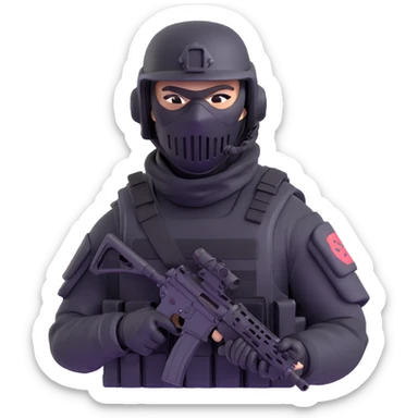 armed figure in all-black tactical gear, shiesty mask, helmet, holding a rifle sticker