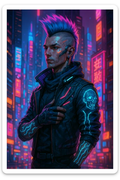 cyberpunk 2077 inspired character, neon lights, futuristic city, vibrant colors, mohawk hairstyle, tech accessories sticker