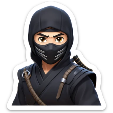 clash-of-clans-aesthetic_-cinematic-mysterious-male-ninja-portrait-emoji, rendered in a flat, vector-style with minimal shading and bold, simplified shapes, with a head slightly turned revealing intense, focused eyes. Next to him is an agile trained panther tiger with glossy fur moving silently through shadowed urban rooftops and moonlit alleyways. sticker