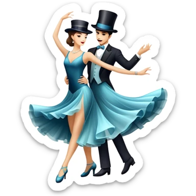 Icon for Ballroom Dancing: a pair of elegant dance shoes, a flowing dress, a top hat, and a dance floor spotlight. The icon should represent the elegance and atmosphere of ballroom dance, focusing on the iconic dance elements. Transparent background. sticker