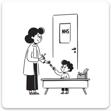 A 1960s doctor giving a measles vaccination to a happy child in a doctors surgery.  On the door is a sign that reads NHS sticker