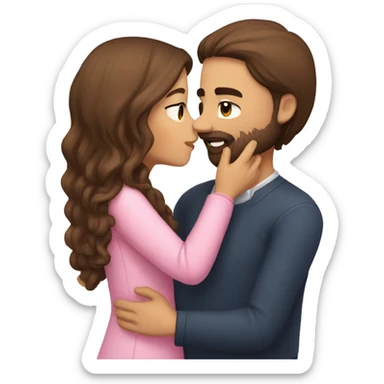 Guy with brown hair and a beard kissing a girl with long brown hair with pink flowers sticker