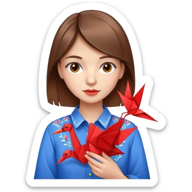 Ukrainian young girl with brown hair wearing an embroidered shirt holds an origami red crane sticker