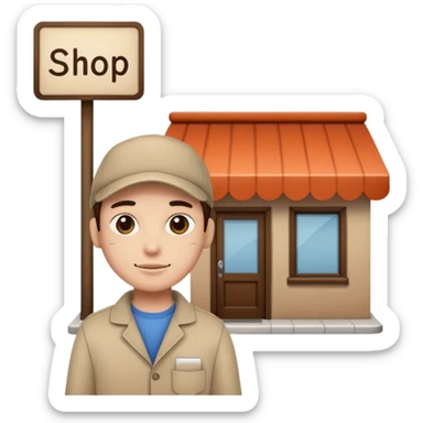 a single 2D line-drawn character + small detailed shop sticker