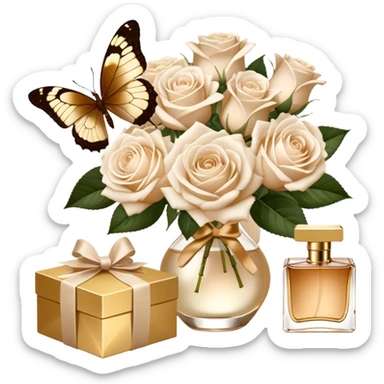 A bouquet of white Ascott tea roses next to a beige aesthetic and a brown beautiful butterfly and a gold silk ribbon and a beautiful flacon of aesthetically pleasing vintage-style perfume in pearl color sticker