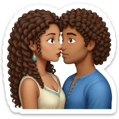 Indian girl with curly hair kissing Indian man with straight hair, they are both brown skin sticker