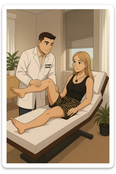 fai un webtoon/manga a colori con questo kinesiologo in camice bianco (fagli la scritta "ANTONIO ANANIA" SUL CAMICE) CHE SVOLGE UN TEST NEUROMUSCOLARE SOLLEVANDO UNA GAMBA ALLA RAGAZZA CHE è STESA SU UN LETTINO BIANCO. STANZA SEMPLICE E MODERNA, DURANTE IL TEST I DUE DIALOGANO TRA LORO. NON FARE I FUMETTI, FAI SOLO LORO COME SE DIALOGASSERO sticker