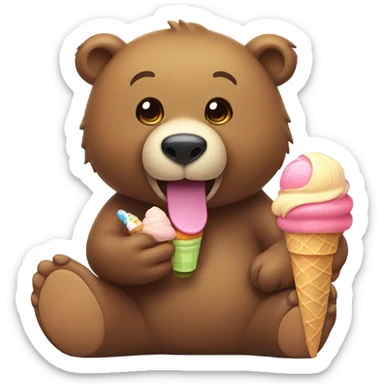 Brown bear eating ice cream with duck sticker
