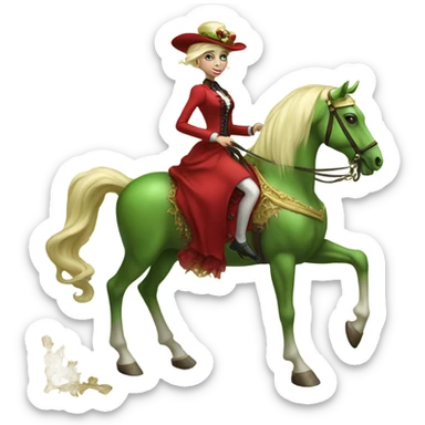 "galora green blonde alien woman" in red Victorian elegant dress, full body, rides "horse gold and white"
 sticker