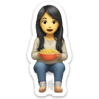 asian girl long hair sitting by window eating  sticker
