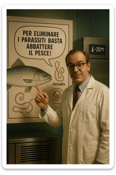cinematic a scientist in a white lab coat stands beside a large poster showing a fish and a diagram of the Anisakis parasite. The scientist points to a speech bubble that says, “Per eliminare i parassiti basta abbattere il pesce!” In the background, a blast freezer is visible, with a temperature gauge set to -20°C. The mood is informative and reassuring. In italiano sticker