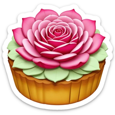 Yunnan Rose Flower Cake with visible petals in pastry, simplified emoji style with bold outlines and bright colors, cartoon style traditional Dian floral dessert sticker