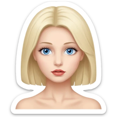 Bonnie Blue Porträt einer jungen Frau mit ovalem Gesicht, großen hellblauen Augen, langen Wimpern und geschwungenen Augenbrauen. Gerade, feine Nase und volle Lippen mit sichtbarem Lächeln. Glatte, leicht gebräunte Haut mit natürlichem Glow. Schulterlanges, blondes Haar mit Locken und Mittelscheitel sticker