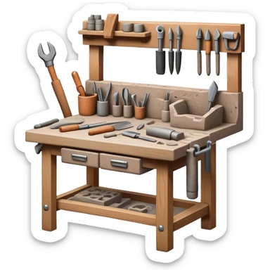 Cinematic Realistic image of a workbench set with a lump of pliable clay and artisanal sculpting tools, rendered with finely detailed textures that reveal subtle clay particles and well-worn tool surfaces, bathed in warm, focused studio lighting sticker