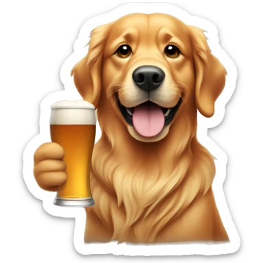 Red golden retriever holding a beer sticker