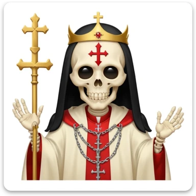 Skeleton metal singer in satanic pope robe with black hair sticker