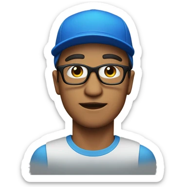 A man wearing a blue cap with 'P' on it and black glasses sticker