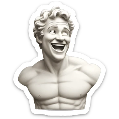 laughing statue, 2d style, muscular statue, antique white statue, Greek, man sticker
