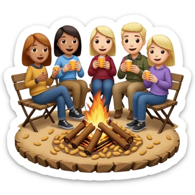 Born fire and people sitting beside born fire on chairs eating peanuts. Born fire is in the centre sticker