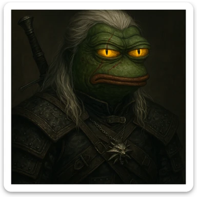 Пэпэ as a Witcher, with glowing yellow eyes and a scarred face sticker