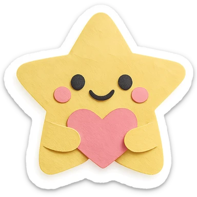 Smiling pastel yellow star clutching a small pastel heart, no arms or legs, full body, transparent background, kawaii paper craft style. sticker