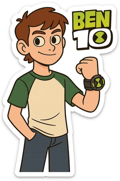 Ben 10 logo, playful and rounded font, green and yellow color scheme, cartoon style sticker