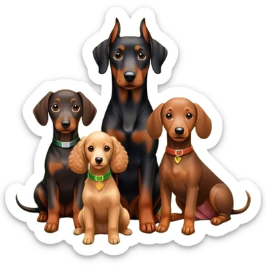 Close-up of a Doberman Pinscher, a Dachshund and a Poodle sitting together on lush green grass. The background features a beautiful, serene nature view with rolling hills and bright blue skies. The dogs' sleek coats shine under the sun. Transparent background. sticker