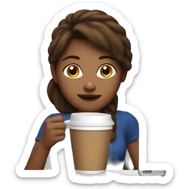 Brown haired girl drinking coffee in front of laptop sticker