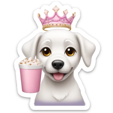 White puppy with a pink tiara and hot cocoa  sticker