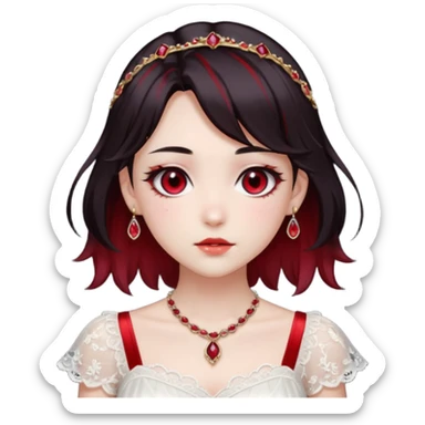 Beautiful shiny Gorgeous Anime Lady with dark hair and red hair streaks with a beautiful white silky lace dress and rubies and onyx gems  sticker