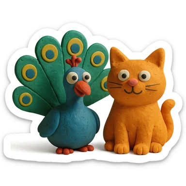 silly peacock with a cat in claymation style sticker