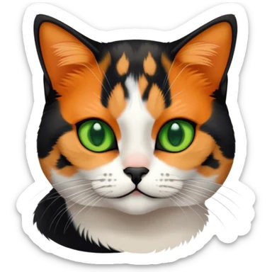 American shorthair calico cat with green eyes and black fur on the right side of their face and orange on the left side sitting down sticker