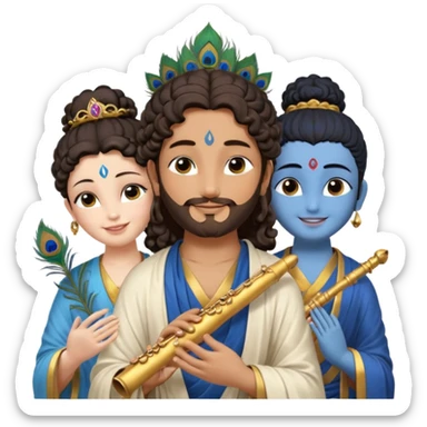 Create a Jesus, Krishna, and Buddha standing together. Buddha: warm golden or light tan skin, dark curled hair with a traditional top bun (ushnisha), half-closed meditative eyes

 sticker