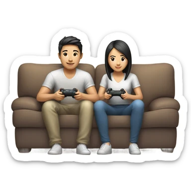 Cute Asian Couple sitting together and having fun playing video games sticker